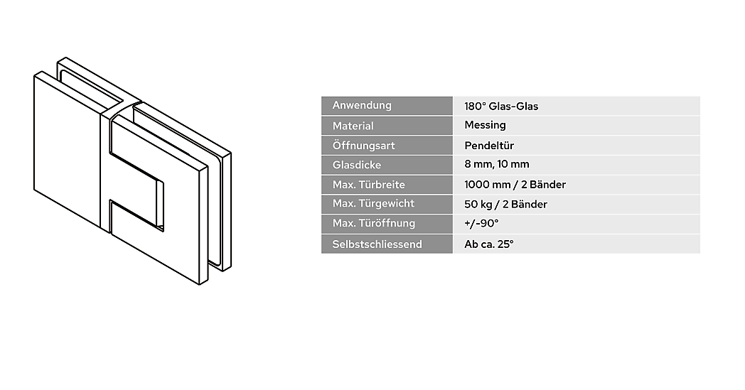 Bellagio Pendeltürband, 180° Glas-Glas, Anschraubplatte einseitig, inkl. Abdeckplatten, BEL380