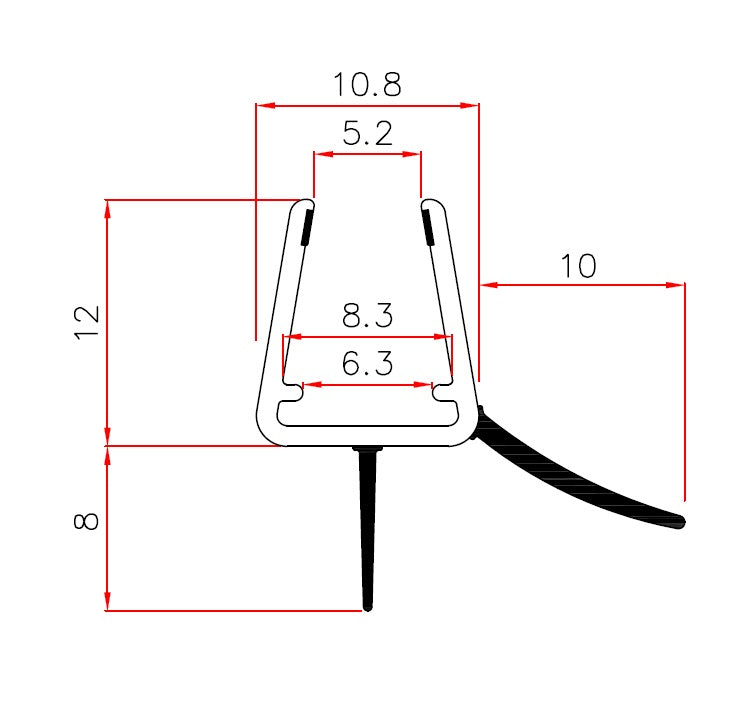 Schleiflippendichtung für Duschtür mit kurzer Schleiflippe u. Abtropfleiste, für 7-11 mm Lücken, Art.Nr. 1402