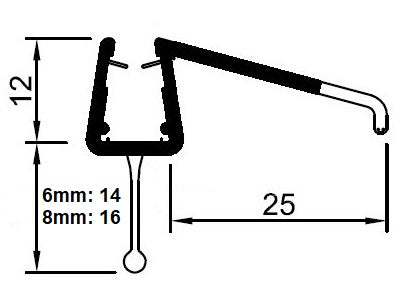 Duschtürdichtung mit Schleiflippe u. ca. 25 mm "Dächlein", für Lücken von 14 - 17 mm, Art.Nr. 5325