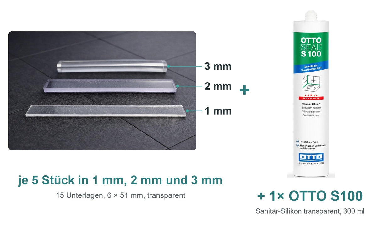Montage-Set transparente Unterlagen 1/2/3 mm je 5 Stück mit 1 Kartusche OTTO S100 Sanitär-Silikon transparent 300 ml