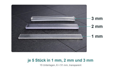 Montage-Set transparente Unterlagen 1 mm, 2 mm und 3 mm, je 5 Stück, für rahmenlose Glasduschen mit U-Profil